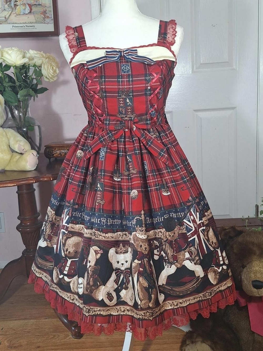 🧸 Angelic Pretty Red Tartan Teddy JSK Set ❤️ Sweet Lolita Jumper Skirt✨